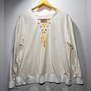 Peace Love World XL Cream Yellow Striped Yellow Ribbon Lace-Up Long Sleeve Top